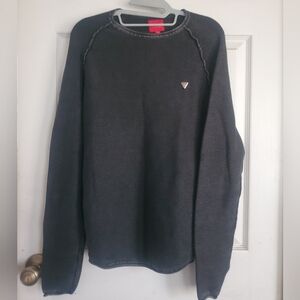 Guess Men's Dark Gray Crewneck Thermal Sweater with Small Metal Logo